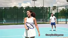 curly petite ebony beauty sucks interracial cock after sport practice