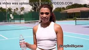 curly petite ebony beauty sucks interracial cock after sport practice