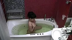 Puffy nipple teen aurora's blue eyes sparkle slippery skinny russian body in steamy bath tub pool play.
