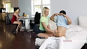 topper perks up when those desperate petite step sisters finally give in to his fetish eye-rolling 3some demands