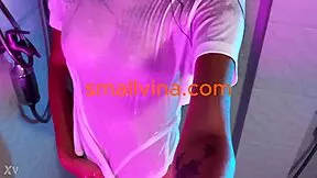 Petite thai teen rips clothes stripping small tits big ass in steamy bathroom