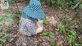 thai teen shows her pussy while picking mushrooms in forest damn