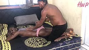 black girlfriend's oiled ass gets monster cock massage then doggystyle creampie on bed