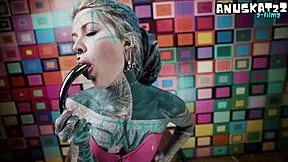 she teases her tight ass with fingers before taking a deep steel dildo plunge