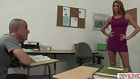 Perv student licks shaved pussy then fucks big tits Latina teacher