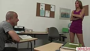 Perv student licks shaved pussy then fucks big tits Latina teacher