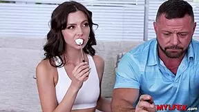 mylfex family guy tastes strawberry and chocolate cake on the sofa