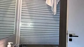 alicia's long legs flash in plaid uniform skirt stockings bathroom