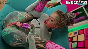 skinny tattooed goth slut in miniskirt and heels stretches tight asshole with ANAL TOYS dildo fingering and squirting