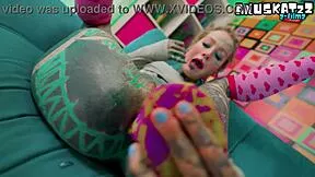 skinny tattooed goth slut in miniskirt and heels stretches tight asshole with ANAL TOYS dildo fingering and squirting