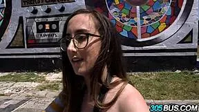 Amateur Glasses Slut Fucked Hard Twice on 305 Bus Public Humiliation