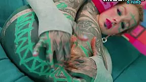 skinny tattooed goth slut in miniskirt and heels stretches tight asshole with ANAL TOYS dildo fingering and squirting