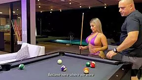i sneakily fuck my stepdad's best friend hard on the pool table while he's gone