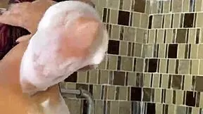 busty colombian stepmom and stepsis get wet in tub then slurp cock and take cum on natural tits together