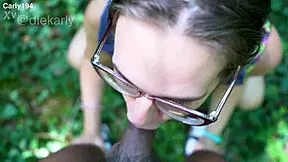 anca gives outdoor deepthroat blowjob on huge black cock interracial glasses