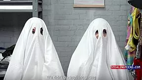 Slutty Halloween teens ripped clothes punished hard by cops in garage for public flashing tease