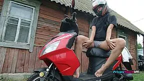WOW! Russian biker babe fists her dripping wet pussy outdoors in lingerie craving massive orgasm