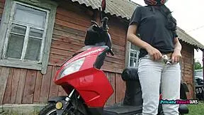 WOW! Russian biker babe fists her dripping wet pussy outdoors in lingerie craving massive orgasm