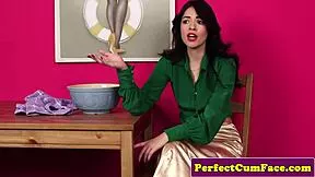 Glam petite brit sucks then catches thick facial closeup