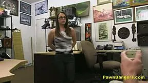 Desperate Brunette Teen Takes Monster Cock in Mouth and Pussy for Cash on Desk