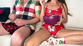christmas virgin strokes her tight pussy moaning as he times his explosive cumshot perfectly