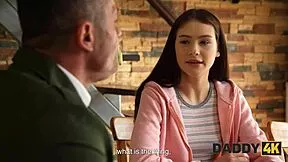 Beautiful young slut with small tits caught cheating on sofa gets facial from daddy friend.