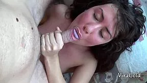 Cute brunette sucks cock then rides hard to creampie