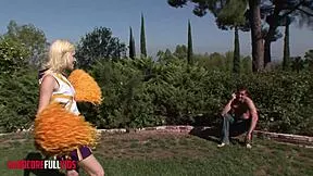 blonde 18+ cheerleader celebrates birthday sucking monster cock outdoors with facial cumshot