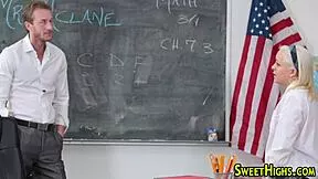 petite college teen's tiny mouth overflows with thick cum after desk blowjob