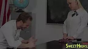 petite college teen's tiny mouth overflows with thick cum after desk blowjob