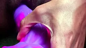 Curly haired latina with big pussy lips squirms as monster vibrator hits her spot