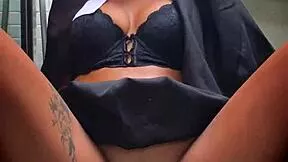 Curly haired latina with big pussy lips squirms as monster vibrator hits her spot