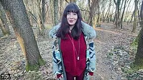 Preggo slut in woods begs instructor to fuck her hairy big tits pussy