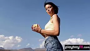 Sophia, petite Latina brunette, strip naked and pose your small tits pussy on mountain top?