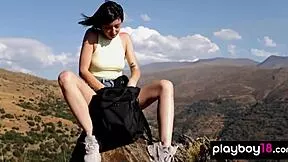 Sophia, petite Latina brunette, strip naked and pose your small tits pussy on mountain top?