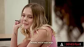 two best friends brunette teen and ebony lesbian finger lick in classroom