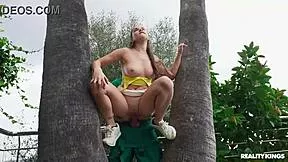 brunette athletic babe hides panties rips thong for landscaper's monster cock fisting deepthroat cumshot on bubble butt