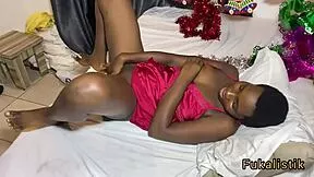 On the first day of Christmas, this ebony teen 18+ ditches condoms for big cock Santa's creampie in her pussy.