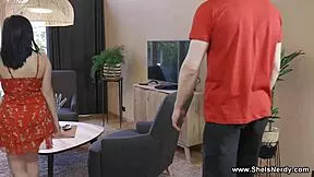 The nerdy brunette Mileva climaxes as gardener pleasures her in lush garden setting