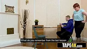 Overweight tutor faces strict discipline from eager young pupil in garage