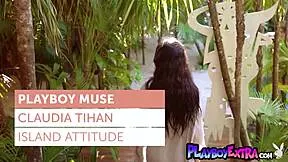 Claudia Tihan bares natural big tits poolside stripping erotically outdoors