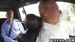 lovely redhead teen sucks two old guys cocks in sideways threesome blowjob