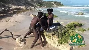 petite ghetto ebony chocolate babe joins two guys public beach outdoor threesome pussy pounding caribbean style
