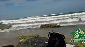 petite ghetto ebony chocolate babe joins two guys public beach outdoor threesome pussy pounding caribbean style