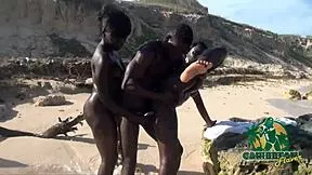 petite ghetto ebony chocolate babe joins two guys public beach outdoor threesome pussy pounding caribbean style
