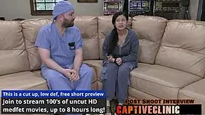 Nurse Mya fingers petite patient's shaved pussy and ass backstage for commissary cash roleplay.