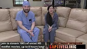 Nurse Mya fingers petite patient's shaved pussy and ass backstage for commissary cash roleplay.