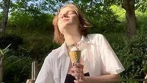 Fed this young nympho ice cream then her tight pussy outdoor cowgirl riding with sloppy deepthroat and cum on tits facial.