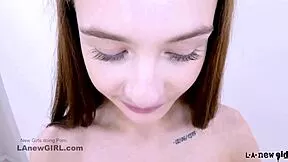 Gorgeous horny Latvian model strips at casting interview then gets POV fucked hard on sofa by fake daddy