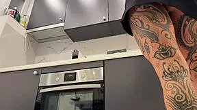 Hot Tattooed Blonde Coed Flashes Meaty Pussy And Ass In Kitchen Panties Off